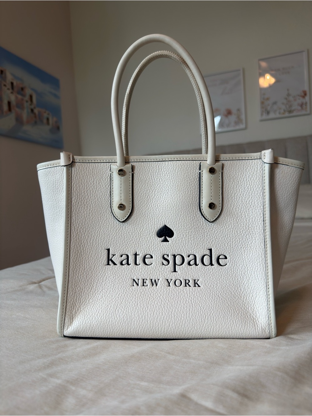 kate spade White Pebble Leather Logo Tote